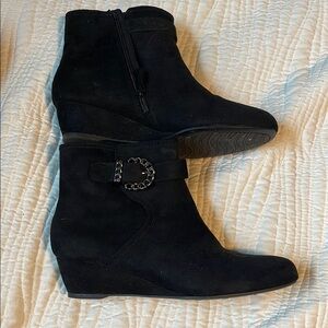 Impo Black Suede Wedge Ankle Boots with Chain Accent